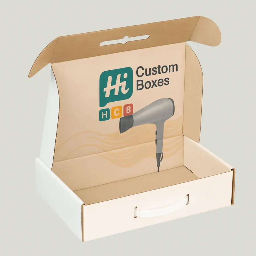 An open white cardboard mailer box featuring a printed hair dryer and green brand logo- class=